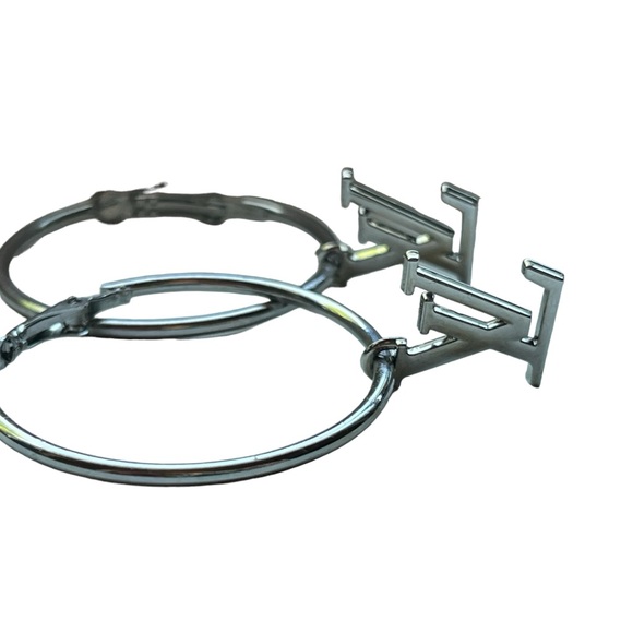 Upcycled Silver LV Louis Vuitton Stamped Charm 30mm Hoop Earrings - Picture 5 of 12